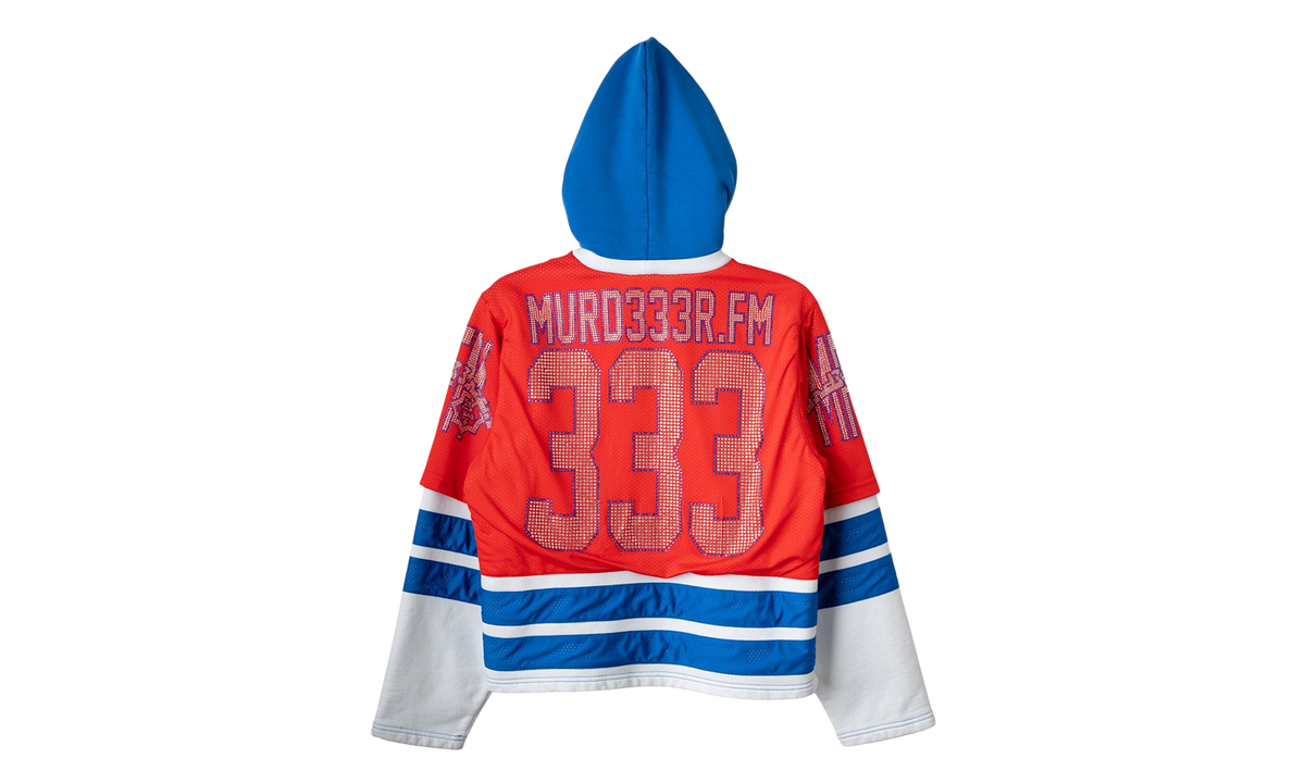 Swamp Angels Rhinestone Logo Hooded Hockey Jersey Sweatshirt "Blue Multi" 76798D52