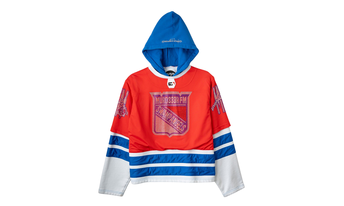 Swamp Angels Rhinestone Logo Hooded Hockey Jersey Sweatshirt "Blue Multi" 76798D52